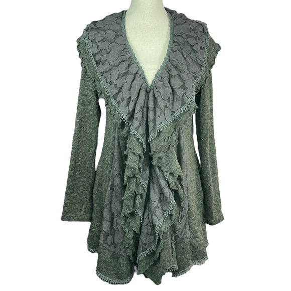 Ryu Lace Ruffle Cardigan M Pockets Waterfall V-Neck Shawl Collar Longline Long - Picture 1 of 13